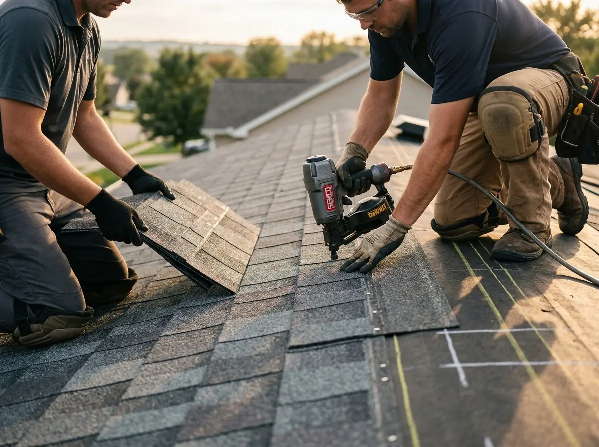 Professional roofer working on a residential roof in McLendon-Chisholm